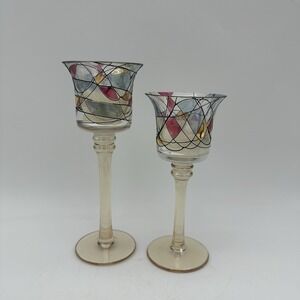 Set Of 2 Vintage Partylite Mosaic Calypso‎ Stemmed Votive Glass Tealight Holders